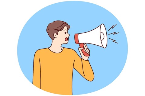 Young man with loudspeaker shouting about deal or promotion. Male hold megaphone make announcement