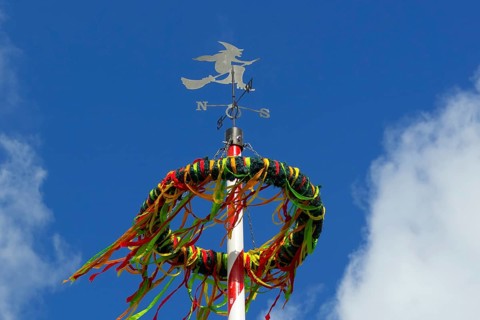 A colourfully decorated maypole, craft, tradition, colourful, colourful, blue sky, customs