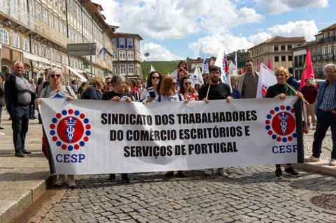 Political rally and march for May Day in city of Guimaraes, Braga district, northern Portugal,