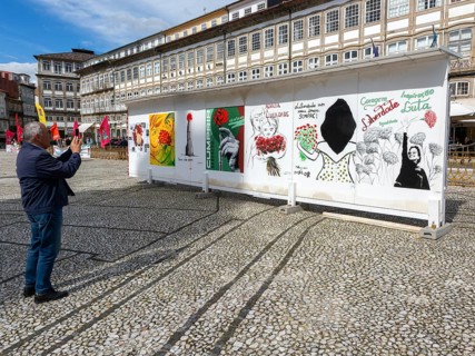 Display of feminist artworks, Largo do Toural, Toural square, city of Guimaraes, northern Portugal