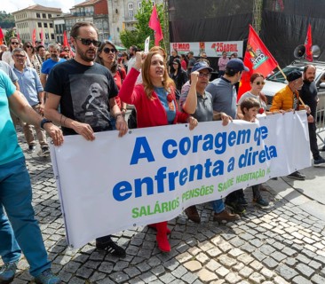Political rally and march for May Day in city of Guimaraes, Braga district, northern Portugal,