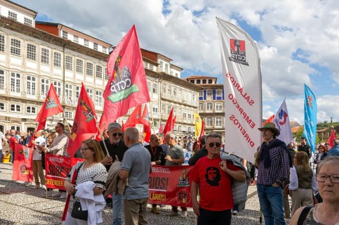 Political rally and march for May Day in city of Guimaraes, Braga district, northern Portugal,