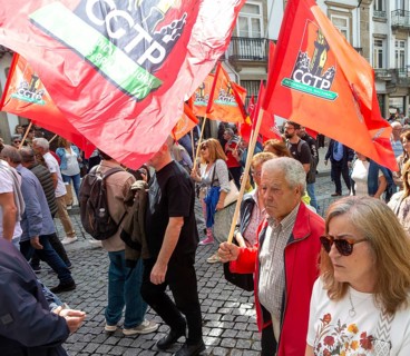 Political rally and march for May Day in city of Guimaraes, Braga district, northern Portugal,