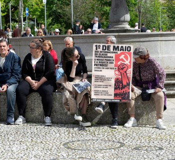 May Day political poster, Largo do Toural, Toural square, city of Guimaraes, northern Portugal