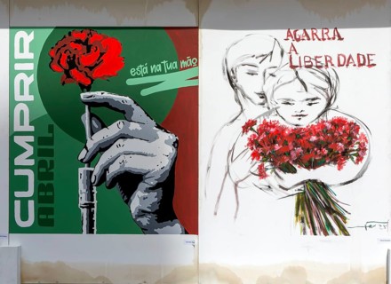 Display of feminist artworks, Largo do Toural, Toural square, city of Guimaraes, northern Portugal