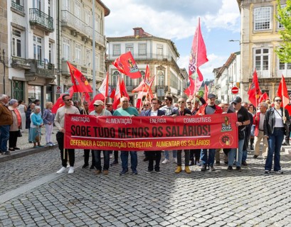 Political rally and march for May Day in city of Guimaraes, Braga district, northern Portugal,