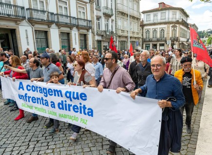Political rally and march for May Day in city of Guimaraes, Braga district, northern Portugal,