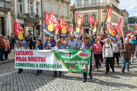 Political rally and march for May Day in city of Guimaraes, Braga district, northern Portugal,