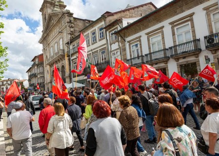 Political rally and march for May Day in city of Guimaraes, Braga district, northern Portugal,