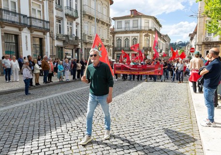 Political rally and march for May Day in city of Guimaraes, Braga district, northern Portugal,