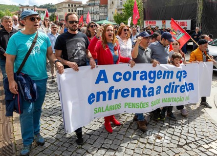 Political rally and march for May Day in city of Guimaraes, Braga district, northern Portugal,