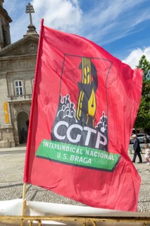 CGTP political red flag banner May Day in city of Guimaraes, Braga district, northern Portugal,