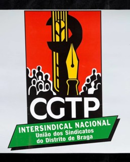 CGTP political poster banner May Day in city of Guimaraes, Braga district, northern Portugal,