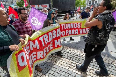 Political rally and march for May Day in city of Guimaraes, Braga district, northern Portugal,