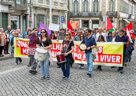 Political rally and march for May Day in city of Guimaraes, Braga district, northern Portugal,