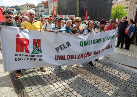 Political rally and march for May Day in city of Guimaraes, Braga district, northern Portugal,