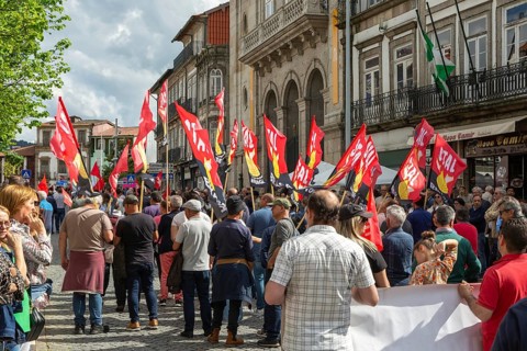 Political rally and march for May Day in city of Guimaraes, Braga district, northern Portugal,