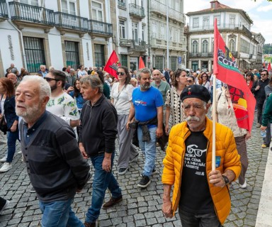 Political rally and march for May Day in city of Guimaraes, Braga district, northern Portugal,