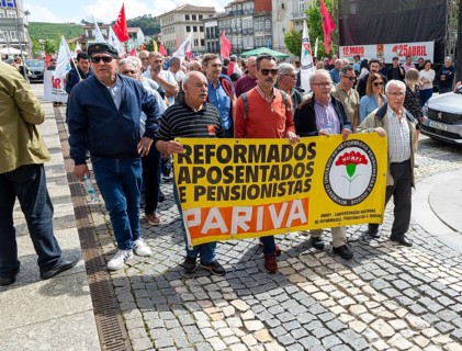Political rally and march for May Day in city of Guimaraes, Braga district, northern Portugal,