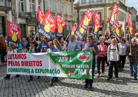 Political rally and march for May Day in city of Guimaraes, Braga district, northern Portugal,