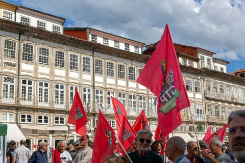 Political rally and march for May Day in city of Guimaraes, Braga district, northern Portugal,