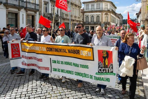 Political rally and march for May Day in city of Guimaraes, Braga district, northern Portugal,