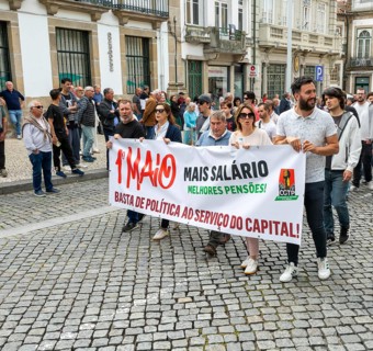Political rally and march for May Day in city of Guimaraes, Braga district, northern Portugal,