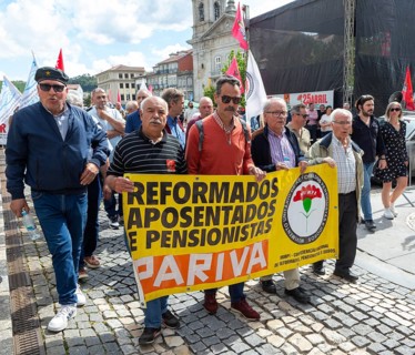 Political rally and march for May Day in city of Guimaraes, Braga district, northern Portugal,