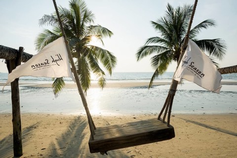 Sandy beach beach with coconut palms, Khlong Chao Beach, sunset, Koh Kood, Koh Kut, Gulf of