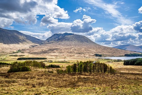 Mountains and Moors over Loch Tulla and River Orchy, Highlands, Scotland, UK