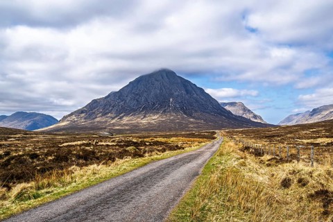 Mountains and Moors over Glen Etive Valley, Glencoe, Highlands, Scotland and Buachaille Etive Mòr,
