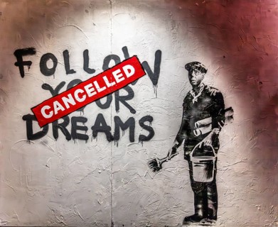 Banksy - Follow Your Dreams, exhausted-looking worker, 2010, Chinatown, Boston, USA, exhibition The