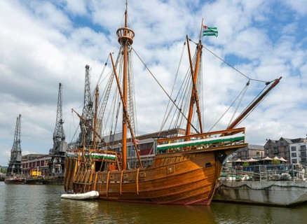 The Matthew of Bristol replica ship at quayside of the M Shed museum, Floating Harbour, Bristol,