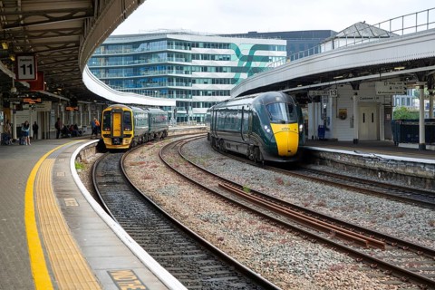 GWR British Rail Class 800 Inter City Express train and Class 158 Sprinter train, Temple Meads