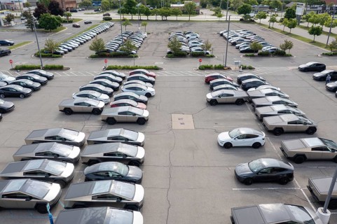 Farmington Hills, Michigan USA - 30 May 2025 - Many dozens of unsold Tesla electric vehicles,