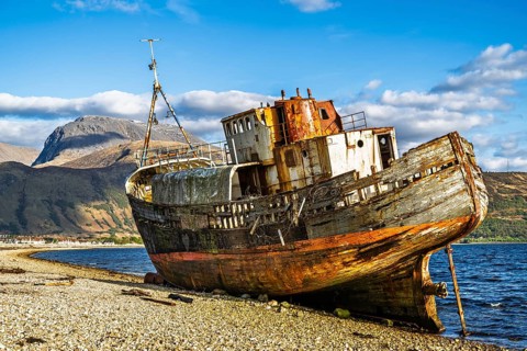Corpach Wreck or Old Boat of Caol and Nevis Range Mountains, Caol Beach, Corpach, Fort William,