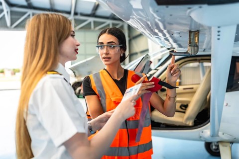 Female aircraft maintenance engineer wearing high visibility vest explaining airplane part to pilot