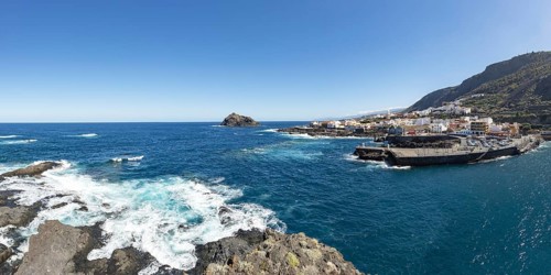 Atlantic coast with Roque de Garachico island off the town of Garachico, Tenerife, Canary Islands,