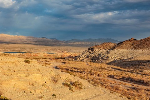 Echo wash drains into the Overton Arm of Lake Mead at Echo Bay, Nevada, USA, North America