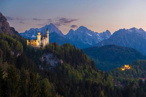 Two castles in an idyllic mountain landscape at sunset, Neuschwanstein, Hohenschwangau, Schwangau