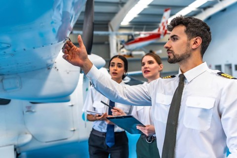 Maintenance team examining aircraft wing in hangar, ensuring flight safety and operational