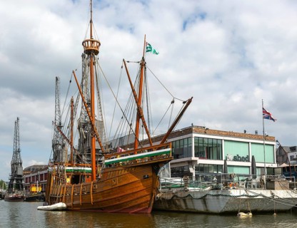 The Matthew of Bristol replica ship at quayside of the M Shed museum, Floating Harbour, Bristol,