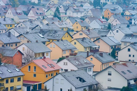 Roofs of a densely built-up settlement on a cloudy winter's day, Großheubach, Spessart, Bavaria,