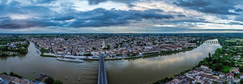 Twilight over Libourne from a drone, Gironde, Nouvelle-Aquitaine, Saint-Émilion and Pomerol,