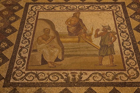 Ancient mosaic depicting a scene with three people, artistically embedded in the floor, Roman House