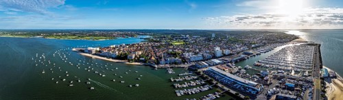 Panorama of Marina and Beach in Arcachon from a drone, Arcachon, Gironde, France, Europe