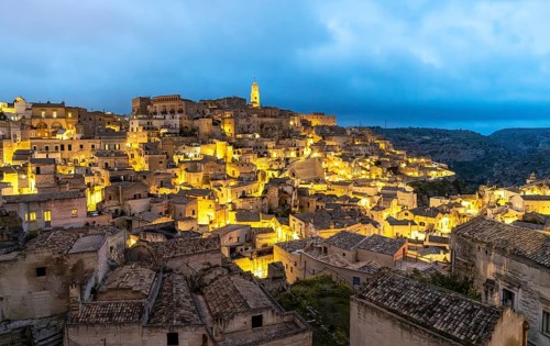 View of Matera by night, Sasso Caveoso, Basilicata, Italy, Europe