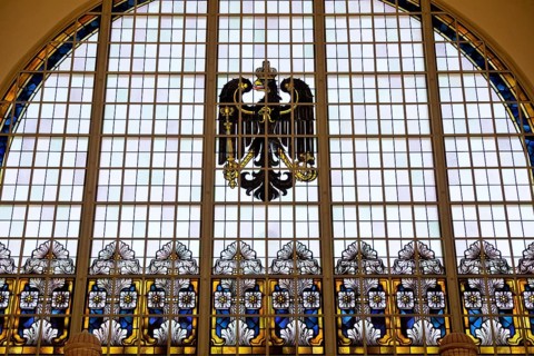 A stained glass window in the railway station with an imperial eagle is a reminder of the imperial