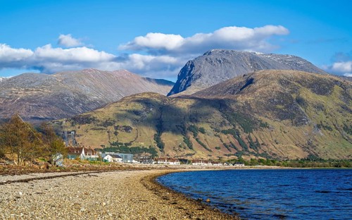 View of Caol Beach and Nevis Range Mountains, Corpach, Fort William, Highland, Scotland, UK