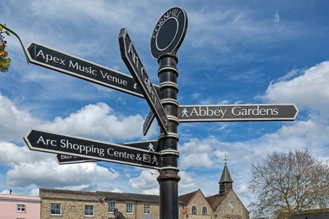 Signpost, Market Place, Moyses Hall, Bury St Edmunds, West Suffolk, England, Great Britain